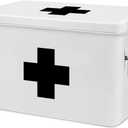 Flexzion First Aid Box Organizer Empty 13" White Vintage First Aid Kit Tin Metal Medical Box - First Aid Storage Box Container Bins with Dividers, Removable Tray and Black Cross Logo