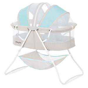 Dream On Me Karley Bassinet, Award Winner Lightweight Travel Baby Bassinet, Foldable Bedside Sleeper, Adjustable Double Canopy, Spacious Design, Soft Fabric, Storage Basket Blue and Grey