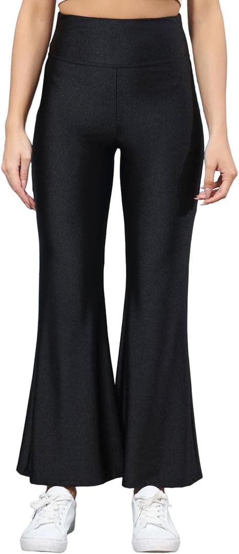 Sghenr Women's Shiny High Waisted Flare Yoga Pants Tummy Control Wide Leg Casual Workout Leggings (Black, XL)