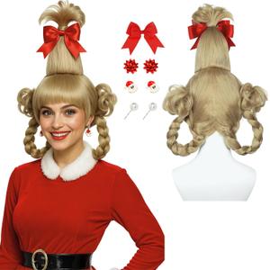 Wiggy Mermaid Blonde Braided Wig with Red-bow Earrings for Women Christmas Cindy Wig with Accessories for Halloween Christmas Costume Party (Beige)