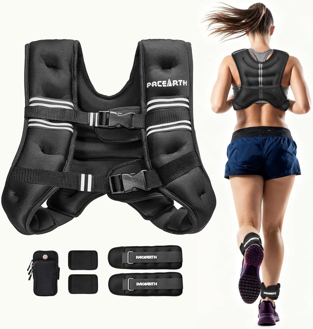 PACEARTH Weighted Vest,4lb/6lb/10lb/12lb/16lb/20lb/25lb/30lb Weight Vest with Reflective Stripe, Body Weight Vests Adjustable for Men, Women Workout, Strength Training, Running, Walking, Jogging (Black Set) PACEARTH Weighted Vest,4lb/6lb/10lb/12lb/16lb/20lb/25lb/30lb Weight Vest with Reflective Stripe, Body Weight Vests Adjustable for Men, Women Workout, Strength Training, Running, Walking, Jogging (Black Set)