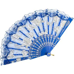 Pack Of 5 Handheld Chinese Folding Fan Lace Hand Fans for Women Foldable Bulk for Party Wedding Church Dancing (Blue)