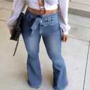 Pantete Womens High Waisted Bell Bottom Jeans Denim High Rise Flare Jean Pants with Wide Leg and Belt (Blue) Large