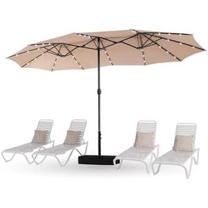 15ft Patio Umbrella with Solar lights & Base, Large Umbrellas, Beige | HERA'S PALACE Rectangle Double Market Umbrella with 36 LED Lights, Big Outdoor Umbrellas for Pool Picnic Inground Yard Deck