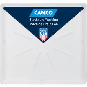 Camco Stackable Washing Machine Drain Pan - Measures 25 (L) x 27 (W) ID & 28 (L) x 30 (W) x 2 7/16 (H) OD - Great for Apartment-Sized Washers/Stackable Units - 1"/1.5" PVC Drain Fitting (21006)