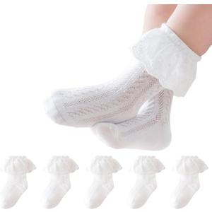 Baby Toddler Ruffle Socks Newborn Infant Girls Cotton Socks Unisex 5 Pairs (White)