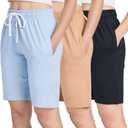 Real Essentials 3 Pack: Womens Cotton Terry Jersey 9" Bermuda Shorts Pockets-Casual Lounge Yoga, (Small, Set 5)