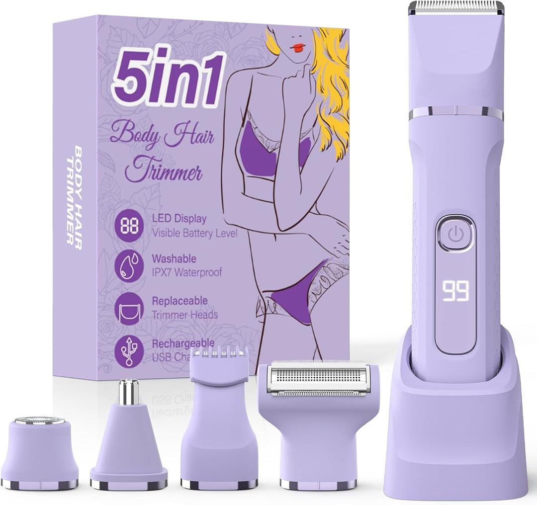 Bikini Trimmer for Women,5-in-1 Electric Razors for Women,Electric Shaver for Women's,IPX7 Waterproof Trimmer for Men Legs,with 5 Replaceable Blade Heads,USB Recharge DockPurple
