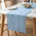Artoid Mode Sky Blue Farmhouse Woven Rustic Hollow Table Runner, Seasonal Holiday Hollow Kitchen Dining Table Decoration for Home Party Decor 12x90 Inch