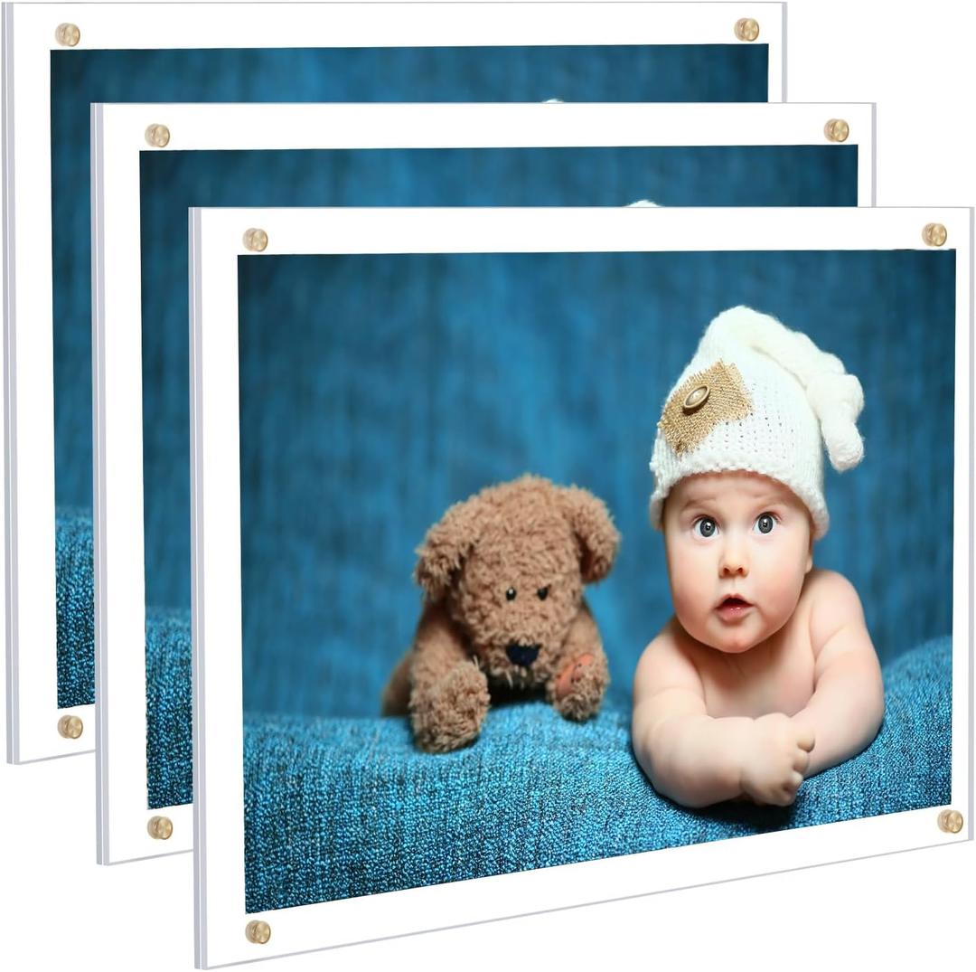 Kalami 3 Pack 8x10 Picture Frame Wall Mount Self Adhesive, Clear Acrylic No Drill Floating Frameless Poster Frame for Office Photo Canvas Document Gallery, Full Frame Size 10x11