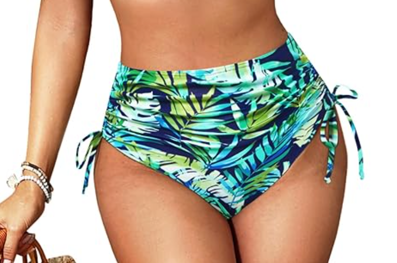 Women High Waisted Bikini Bottom -  Tummy Control Bathing Bottom 2025 Swimwear (Medium, Blue Leaves)