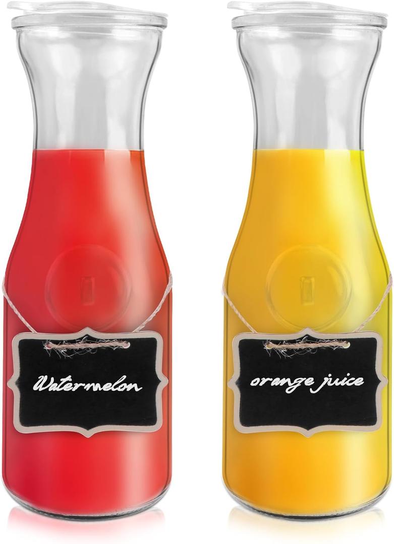 Glass Carafe with Acrylic Lid,35 Oz Beverage Dispensers Carafe,Mimosa Bar Supplies,Clear Glass Pitcher with Name Labels for Iced Tea,Coffee,Juice(Set of 2)