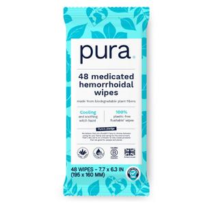 Pura Flushable XL Hemorrhoid Wipes, 6 x 48 Wipes, Medicated Wipes with 50% Cooling Witch Hazel, Soothing Coconut Oil & Aloe Vera, Fast Acting Relief, 100% Plastic Free, Fragrance Free 