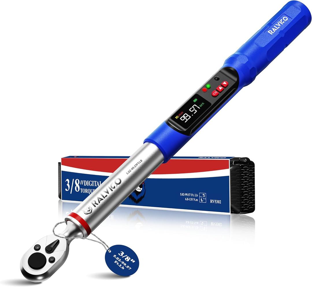 Digital Torque Wrench 3/8 Drive (5.02-99.57 Ft. Lb/ 6.8-135 N.m) 2% Accuracy Dual-Direction Adjustable Torque Wrenches Digital with Vibration, Buzzer and LED Alert for Motorcycle, Car