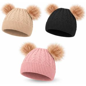Geyoga Kids Toddler Winter Pompom Hat Baby Knitted Beanie Hat Faux Fur Pom Beanie Cap for Girls Boys 1-3 Years Old (Black, Pink, Khaki)