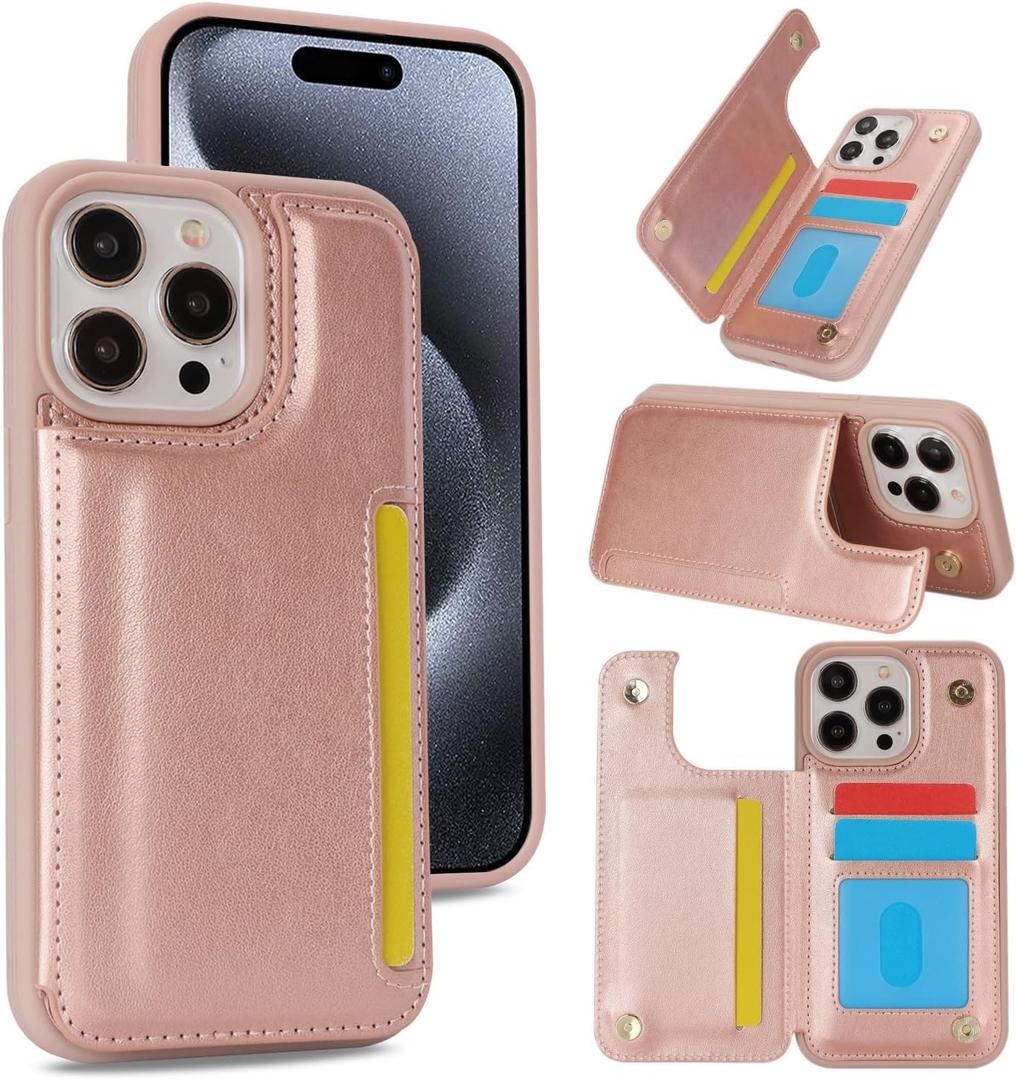 iCoverCase Compatible with iPhone 15 Pro Wallet Phone Case with Card Holder for Women Men, [RFID Blocking] Card Slots PU Leather Protective Wallet Case 6.1 Inch (Rose Gold)