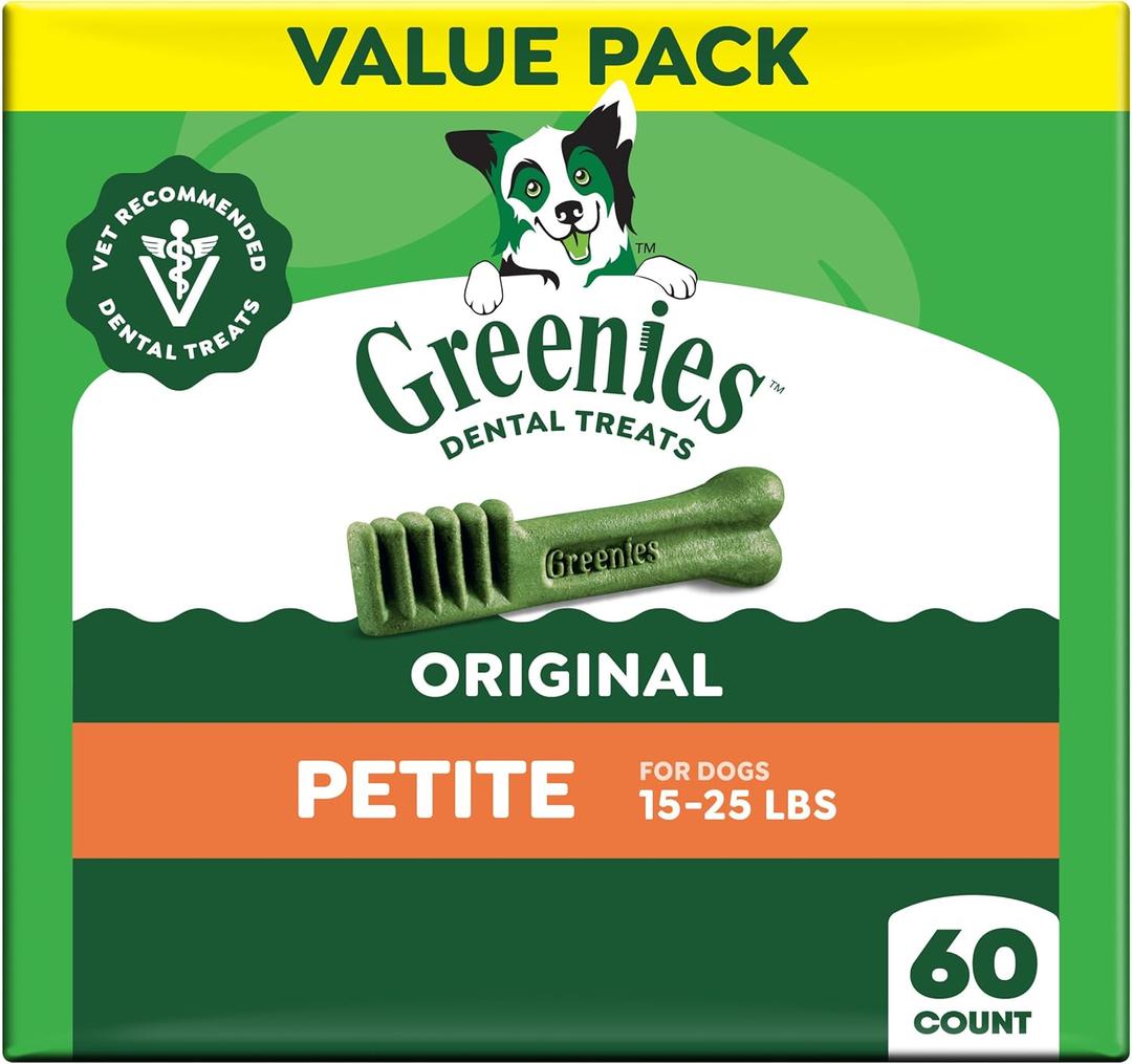 Greenies Veterinarian-Recommended Adult Natural Dental Dog Treats Petite Size, Dog Dental Chews, Original Flavor, 36 oz. Pack, 60 Count (EXP 09/28/27)