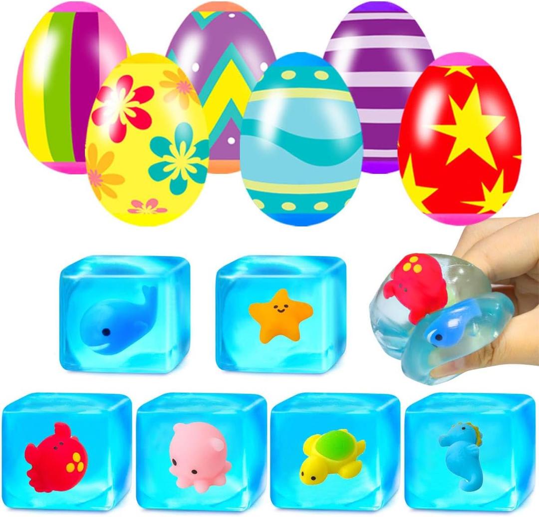 6 Pcs Squishy Stress Nice Cube Fidget Toys with Easter Eggs Sensory Squeeze Toys for Kids Boys Girls Easter Basket Stuffers Egg Fillers Party Favors (Easter Cube)