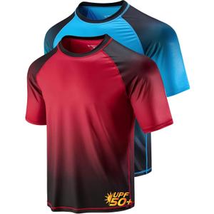 2-Pack Swim Shirts for Men UPF 50+ Loose Fit Rash Guard, Quick Dry UV Sun Protection Short Sleeve Shirt (Red, S)