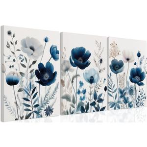 DUWQU 3 Pcs Blue Floral Canvas Wall Art, Elegant Navy Blue Wildflower Lily Daisy Art Wall Decor, Watercolor Botanical Flower Home Poster Art Prints for Living Room Bedroom Bathroom 1216 Inches