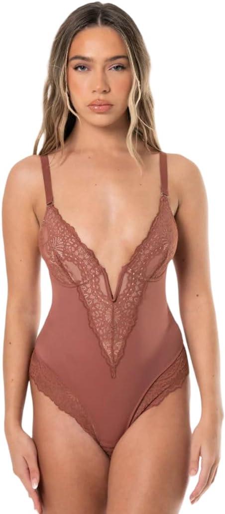 HeyShape Bodysuits for Women - V-Neck Lace Backless Thong - Body Shaper Tummy Control Shapewear for Women XL