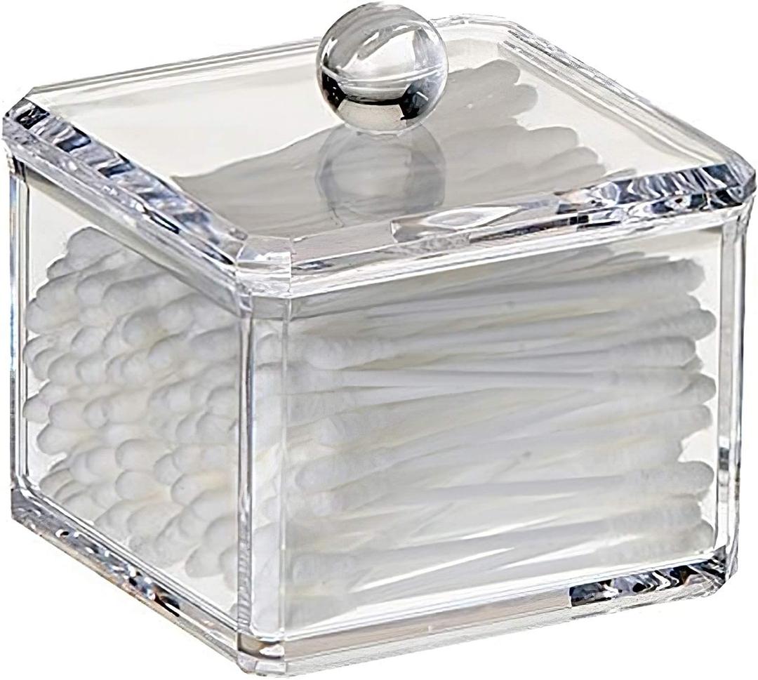 Stackable Square Acrylic Cotton Ball Holder Q-tip Holder Bathroom Swab Dispenser (Single Pack)