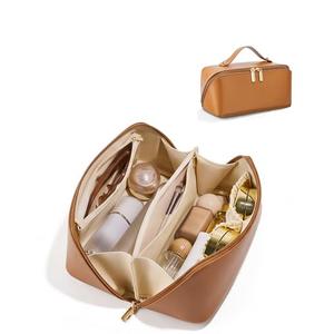 ALEXTINA Travel Makeup Bag Organizer for Women, Large Capacity Cosmetic Make up Bag with 180° Open-Flat Design & Collapsible Handle, Waterproof Vegan Leather Toiletry Bag for Travel Essentials, Brown