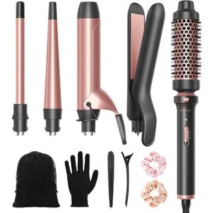 Wavytalk 5 in 1 Curling Iron Set with Thermal Brush and 4 Interchangeable Ceramic Curling Wands (0.5'-1.25'), Instant Heat Up Hair Curling Iron, Rose Gold