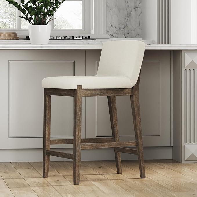 Nathan James Gracie Modern Counter Height Bar Stool with Back, Counter Stool Upholstered Chair with Natural Textured Linen and Brushed Wooden Legs, Cream Boucle/Dark Brown 1 Piece
