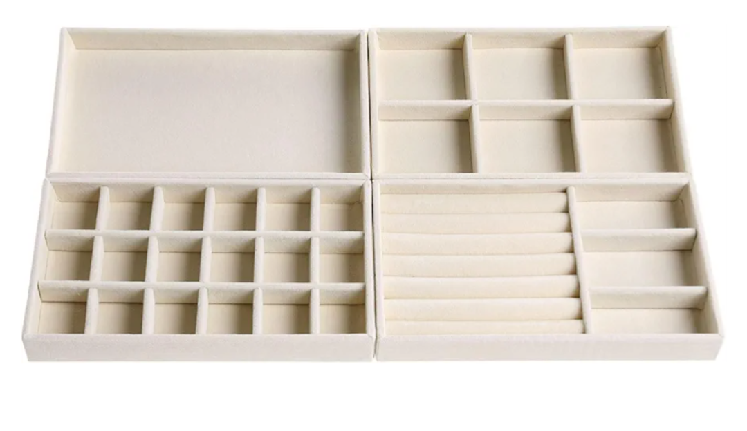 Set of 4 Stackable Jewelry Trays Organizer, Velvet Earring Organizer, Jewelry Organizer Showcase Display Drawer Organizer Storage, Earring Holder Necklace Bracelet Ring Accessary Organizers White