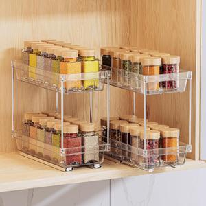 2 Packs Spice Organization for Cabinet, 2 Tier Pull Out Spice Rack Organizer, 5.47" Wx11.14 Dx9.76 H Vertical Slide Out Seasoning Organizer for Kitchen (Not for Cabinets with Lip), Clear