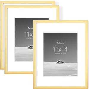Fun Memories 11x14 Picture Frame Set of 3, Display Pictures 8x10 with Mat or 11x14 Without Mat, 11 x 14 Frame for Photos, Posters & Art Prints, Gallery Photo Frames for Wall & Tabletop Display, Gold