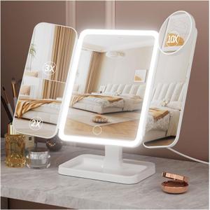 Lighted Makeup Mirror with 75 LEDs, Rechargeable Vanity Mirror with 1X/2X/3X/10X Magnification, 3 Color Modes & Touch Dimming, Portable Folding Mirror for Travel Desk, Gifts for Women & Girls