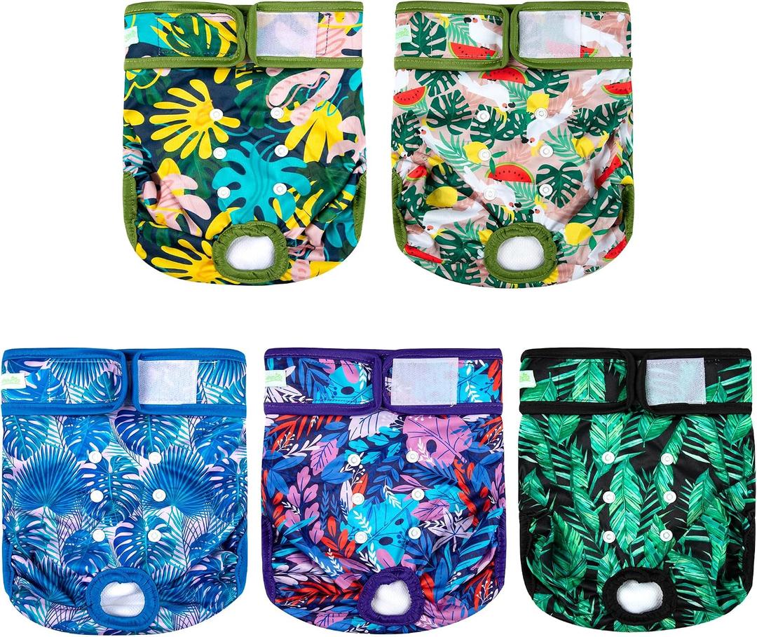 Wegreeco Female Dog Diapers, Washable Reusable Pet Puppy Doggie Diapers for Small Medium Large Female Dogs in Heat Period, Doggy Period Panties, 5 Pack, X-Large, Leaf
