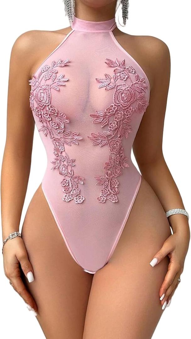 Avidlove Teddy Lingerie for Women Sexy Mesh Bodysuit Snap Crotch Body Suits Sheer Emboroidered One Piece Babydoll (XXL)