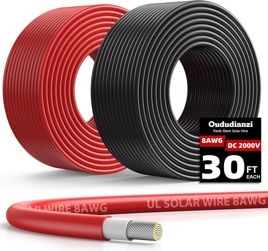 Oududianzi 2x32.8 Feet Solar Panel Wire, 10AWG Solar Wire Tinned Copper 10 Gauge Solar Cable PV Wire, for Outdoor Automotive RV Solar Panels Boat Marine (32.8FT Red + 32.8FT Black)