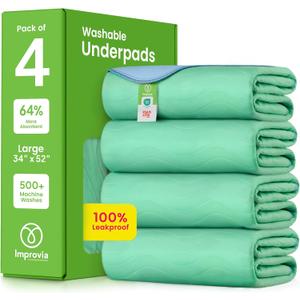 IMPROVIA Washable Underpads, 34" x 52" (Pack of 4) - Heavy Absorbency Reusable Incontinence Pads for Kids, Adults, Elderly, and Pets - Waterproof Protective Pad for Bed, Couch, Sofa, Furniture, Floor