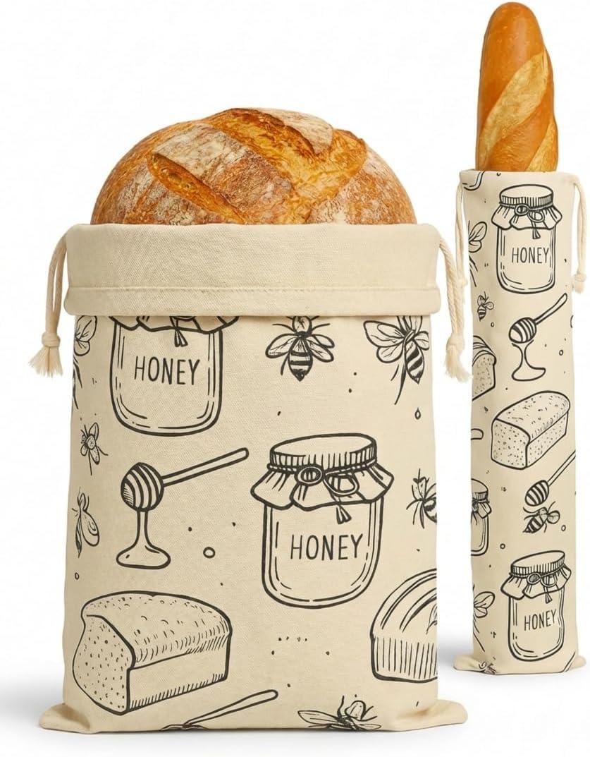 Reusable Beeswax Bread Bags Set  Small 16x12 & Large 25x6  Cotton Drawstring, Aesthetic Print, Plastic-Free Food Storage, Keeps Sourdough Fresh, Eco-Friendly Alternative to Plastic Wrap