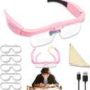 Professional Magnifying Glasses Headset with 5 Detachable Lenses 0.75X-4.0X & 3 LED Lights, Rechargeable Hands-Free Headband Magnifier for Close Work, Jewelry Crafts Hobby (Pink)