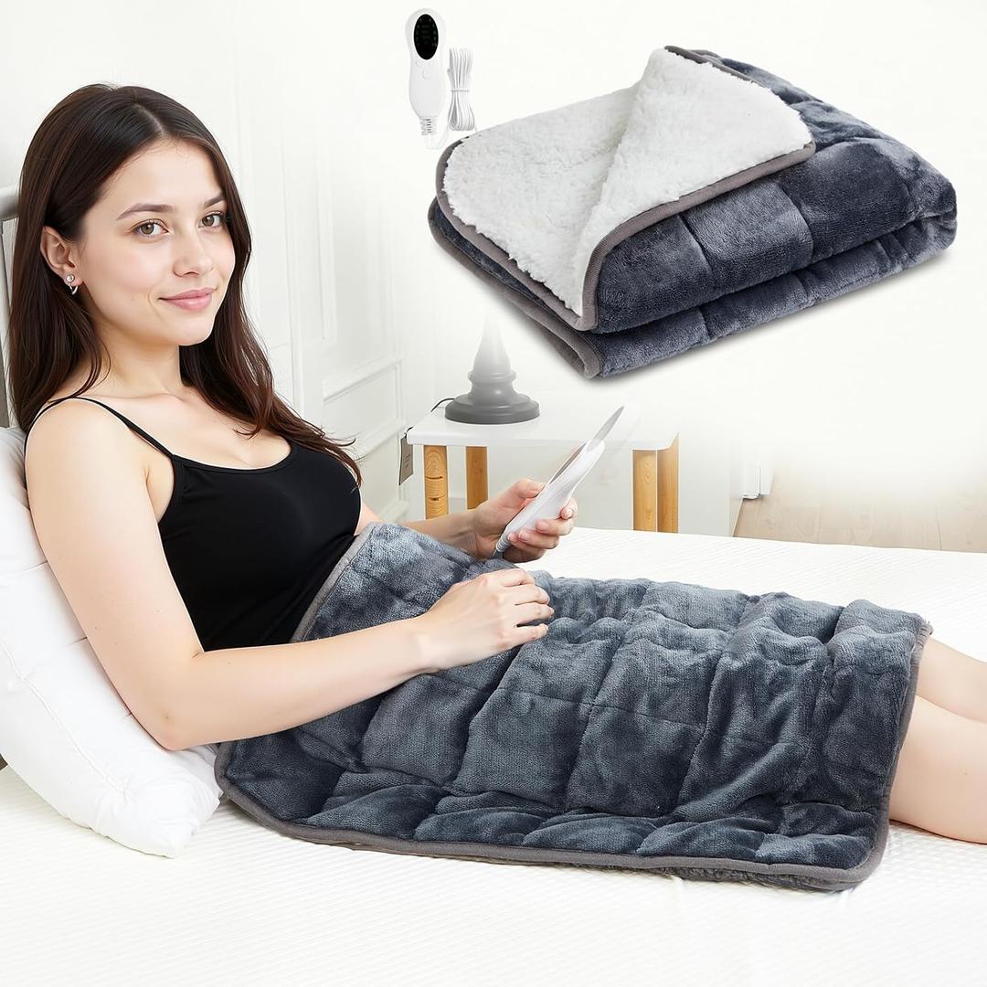 24"x29" Heating Weighted Lap Pad 7lbs Flannel Electric Heated Lap Blanket 2/4/8 Hour Auto Off Fast Heating 10 Settings Over Heat Protection for Adult Pain Relief Relaxation Sleeping(White and Gray)