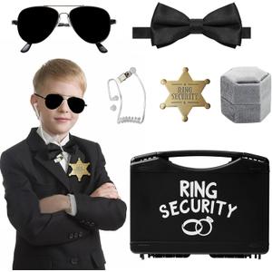 Ring Bearer Security Wedding Gifts Box Set, Include 1Pcs Sunglasses, Acoustic Earpiece Tube, Security Badge, Wedding Ring Box, Bow Tie for Kids