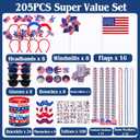 205PCS 4th of July Accessories Set Patriotic Party Favors Tattoo Stickers Glasses Headbands Bracelets Necklaces Glitter USA Flag for Independence Day Memorial Day 250th Decorations, Red White and Blue