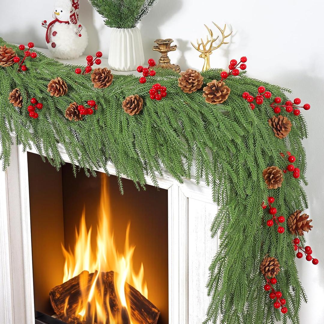 12FT(2*6FT) Christmas Garland Artificial Norfolk Pine Garlands Real Touch Greenery Garland with Red Berry Faux Cedar Garland Xmas Winter Pine Garlands for Mantle Stairs Fireplace Table Decor