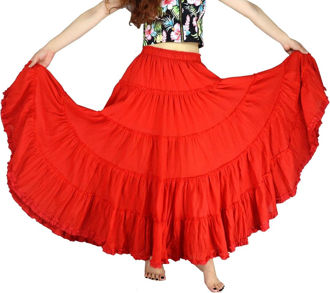 YSJERA Women's Cotton 5 Tiered A Line Pleated Maxi Skirt Long Boho Gypsy Dance Skirts (L, Red)