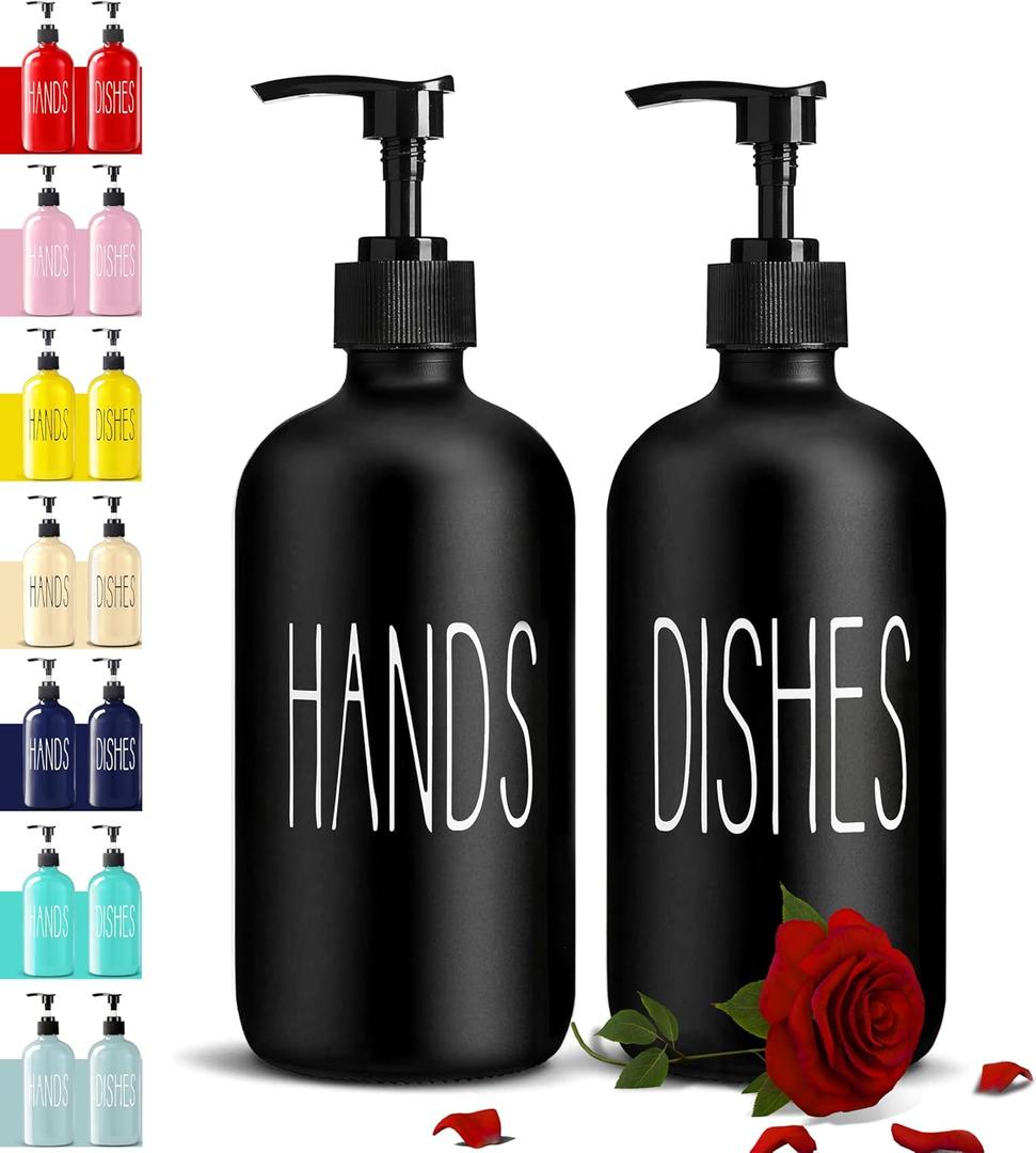Glass Soap Dispenser Set 2 Pack,Contains Hand and Dish Soap Dispenser.Premium 16 Oz Black Kitchen Soap Dispenser Set for Kitchen Sink and Farmhouse Decor