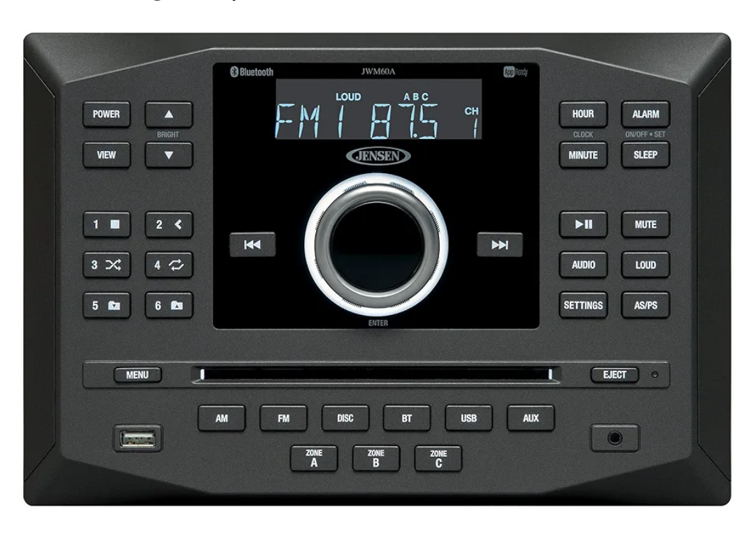 Jensen JWM62A AM|FM|DVD|CD|USB|AUX|App Ready Bluetooth Wallmount Stereo w/ App Control, 3-Speaker Zones / 8 Speaker Output 8X 6 Watt, Receives Bluetooth Audio (A2DP) & Controls (AVRCP) from Devices