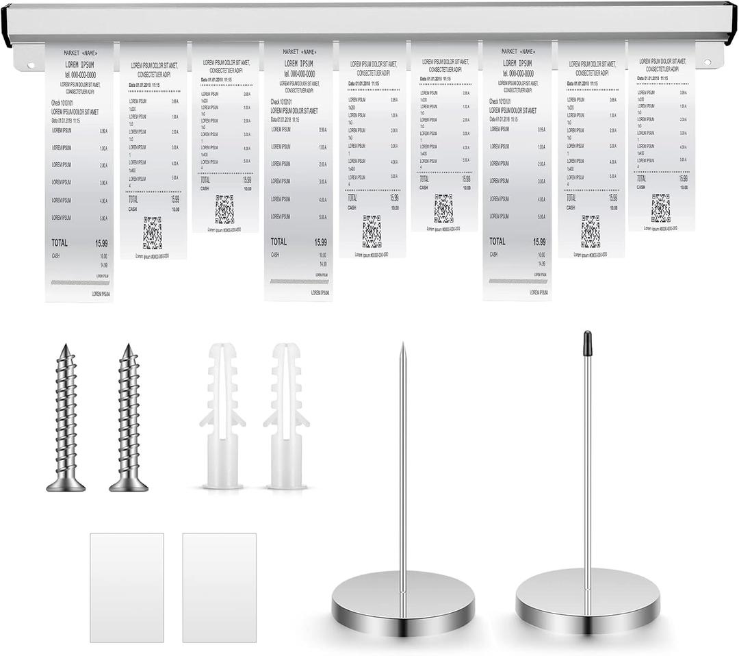 Henoyso 36 Inch Aluminum Slide Check Rack with 2 Pcs Receipt Holder Spike Desk Receipt Storage Restaurant Food Truck Ticket Holder Accessories Silver Bill Order Display Rail for Kitchen Bar(No Slot)