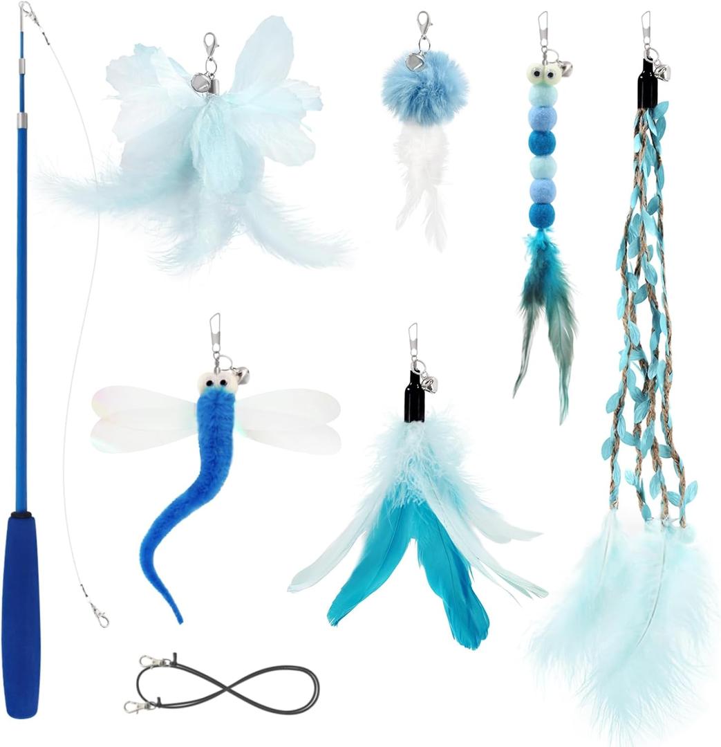Cat Wand Toys for Indoor Cats - Cat Toy Set with Retractable Teaser Wand and 6 PCS Fairy Feather Toy Refills, Dragonfly Tassel Plush Cat Toys Interactive, Blue