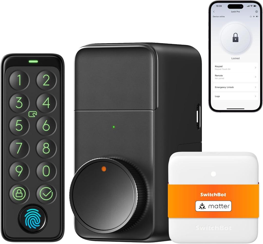 SwitchBot Smart Lock Pro Bundle: Lock+Keypad Touch+Hub Mini Matter, Fingerprint Deadbolt Retrofit, IP65, Matter HomeKit Siri iPhone/Apple Watch, Alexa/Google, Black