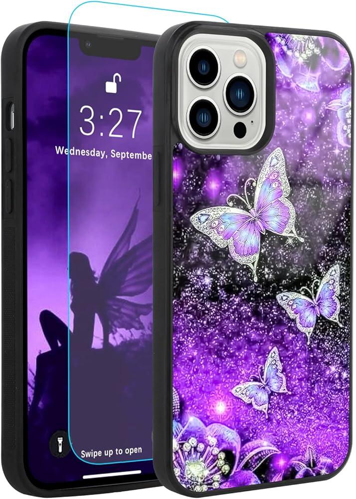 SAKUULO for iPhone 13 Pro Max Case Glitter Purple Butterfly Nebula Space Design Hard PC+Soft TPU Bumper Anti-Slip Ultra Thin Cover Protective Shockproof Case for iPhone 13 Pro Max